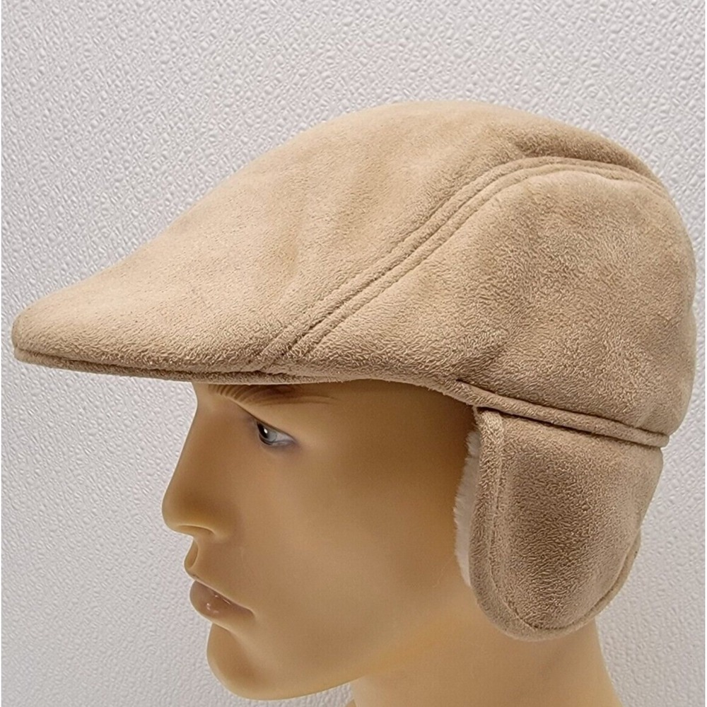 D & Y, NY Tan Faux Suede Winter Newsboy Cap Ear Flaps Soft